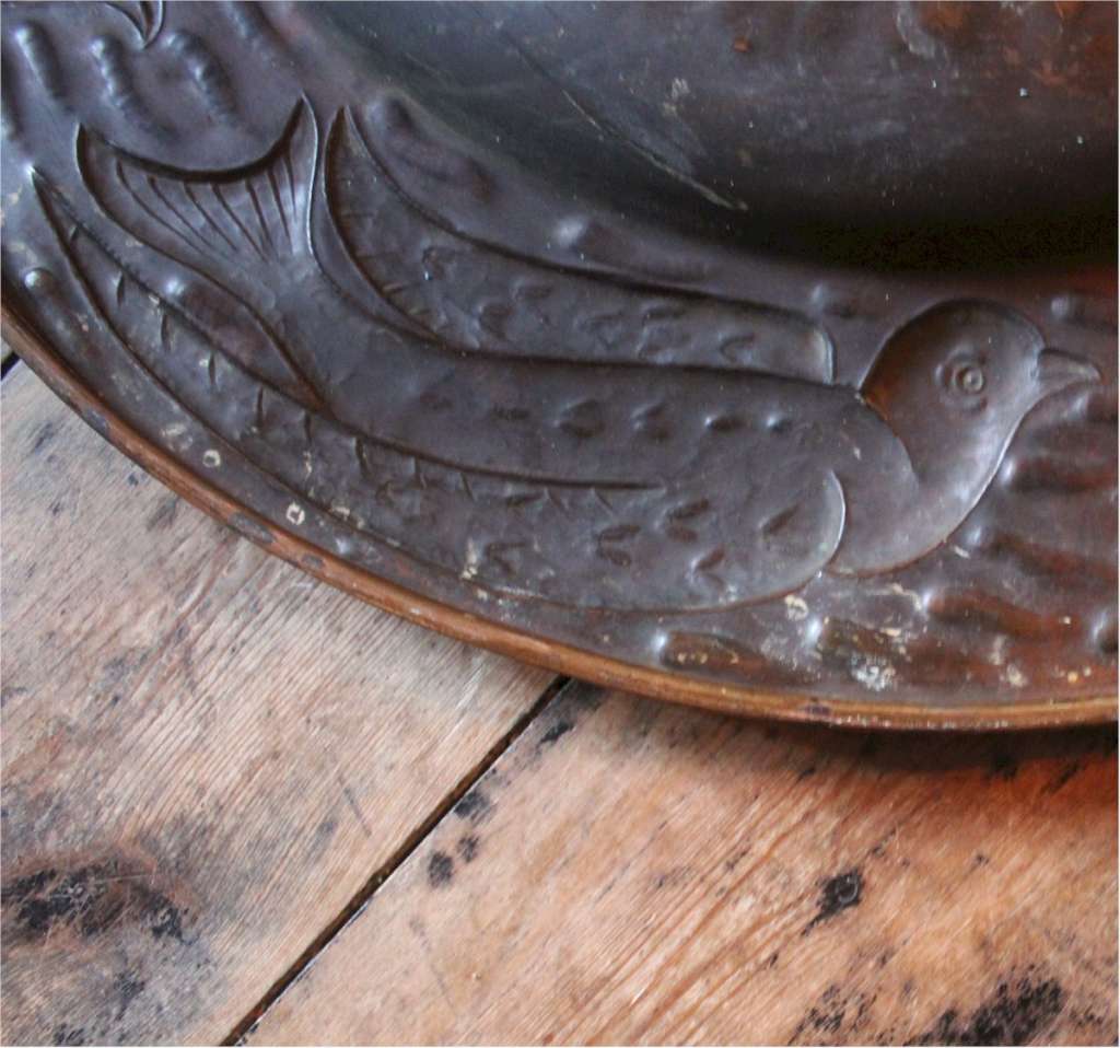 Large Arts and Crafts copper charger with Birds.