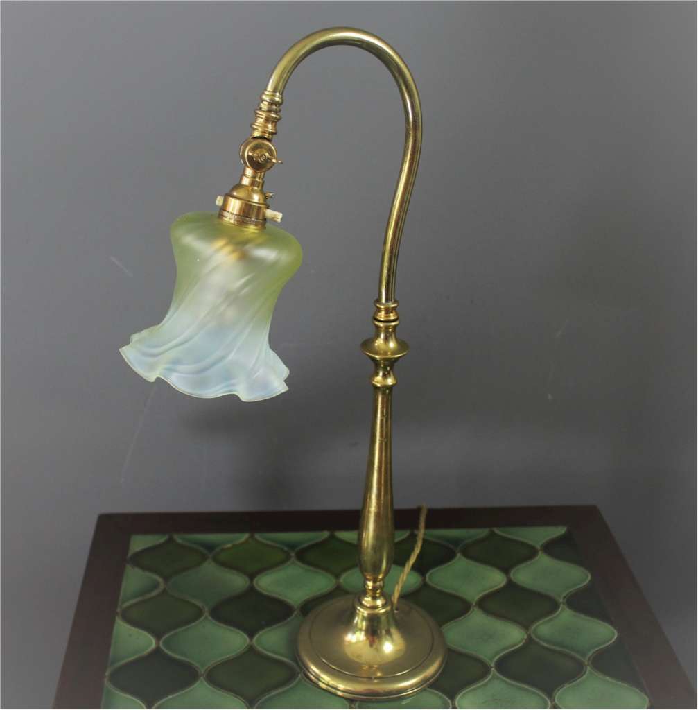 Edwardian Swan neck brass table lamp with Vaseline shade