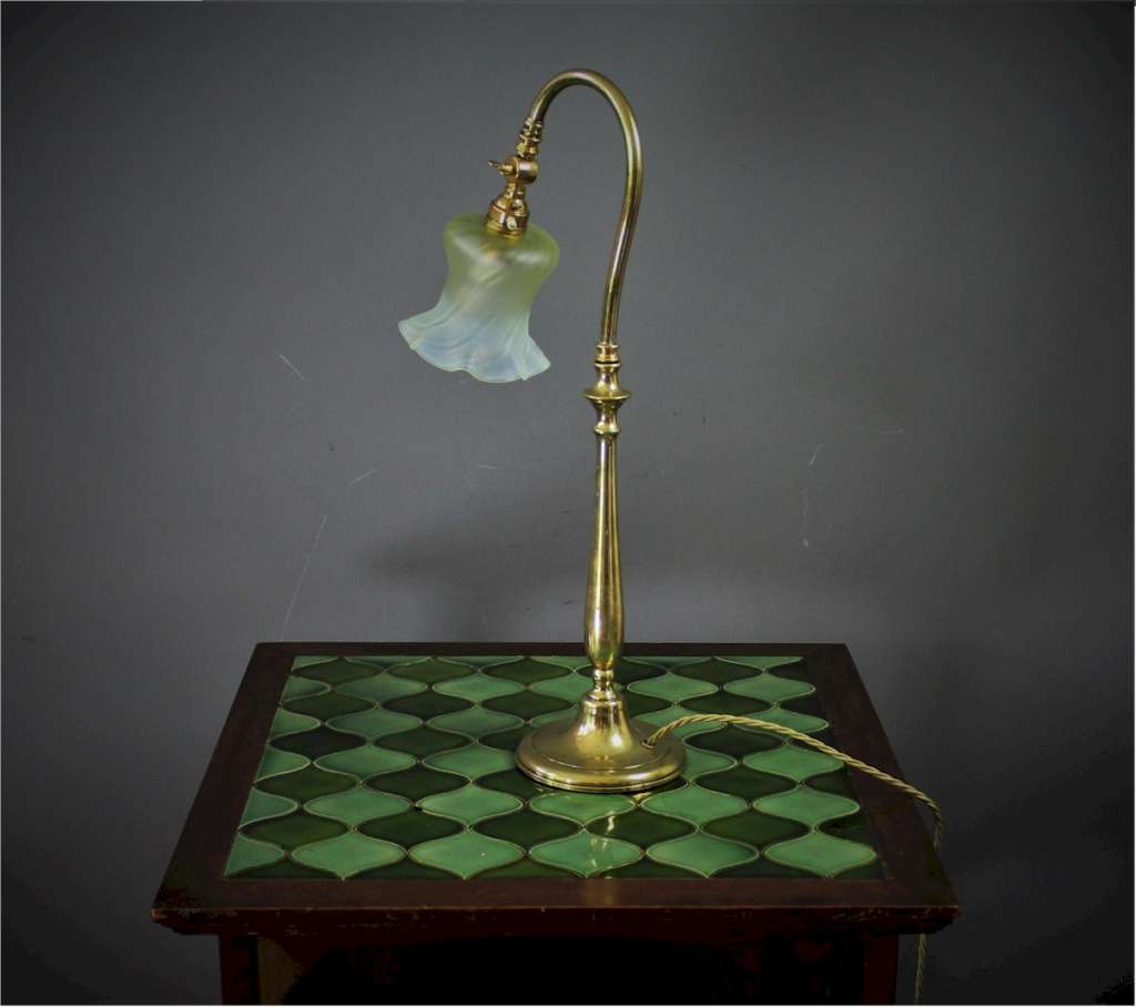 Edwardian Swan neck brass table lamp with Vaseline shade