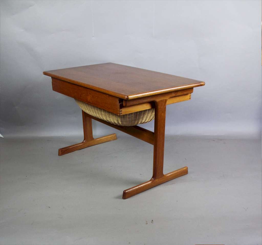 Danish Teak Mid-Century sewing table with drawer and wicker basket