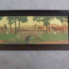 Arts and Crafts large oak framed nursery lithograph of country folk by R.V.Volkmann