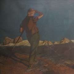 1930's oak framed print of an Alpine scene with a rambler . German or Austrian