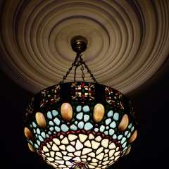 Arts and crafts abalone shell and Blue glass plafonnier ceiling shade