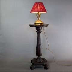 Art Nouveau brass table lamp with pleated red shade