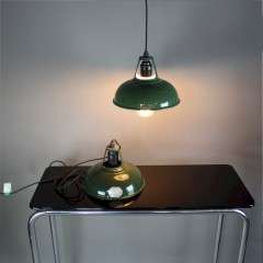 Pair of small green enamelled factory lights